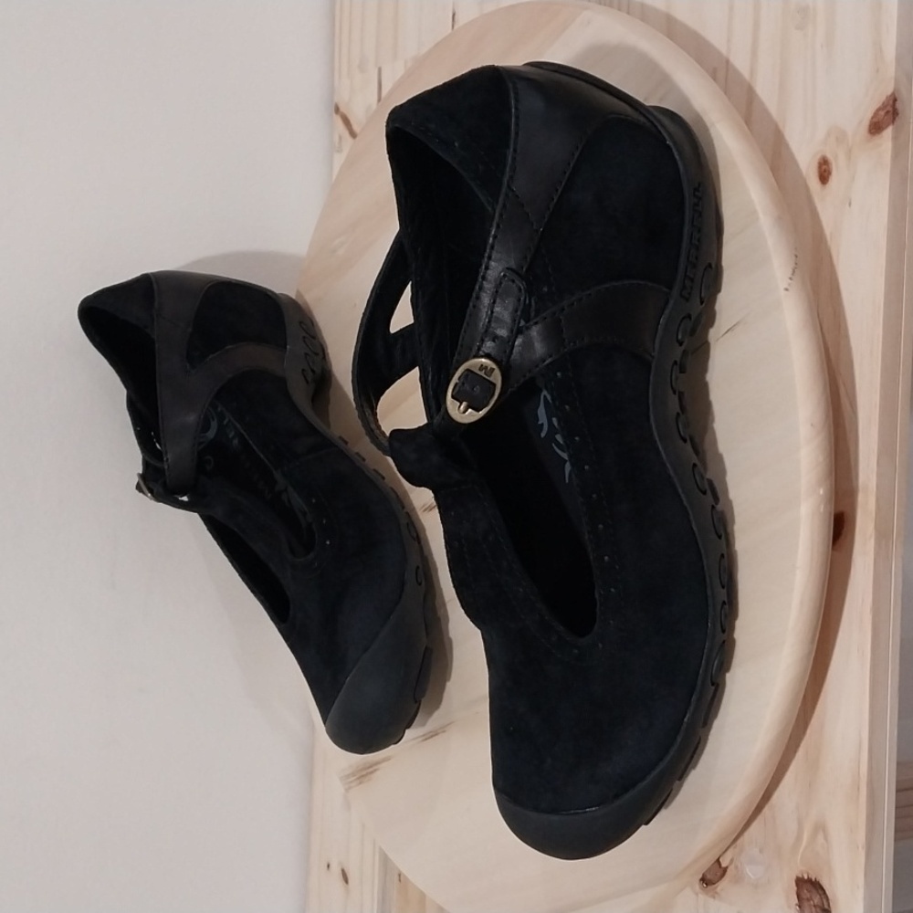 Merrell Maryjane Shoes Size 9.5 Plaza Black Suede Wedge Heel Outdoors Camping - Picture 9 of 14